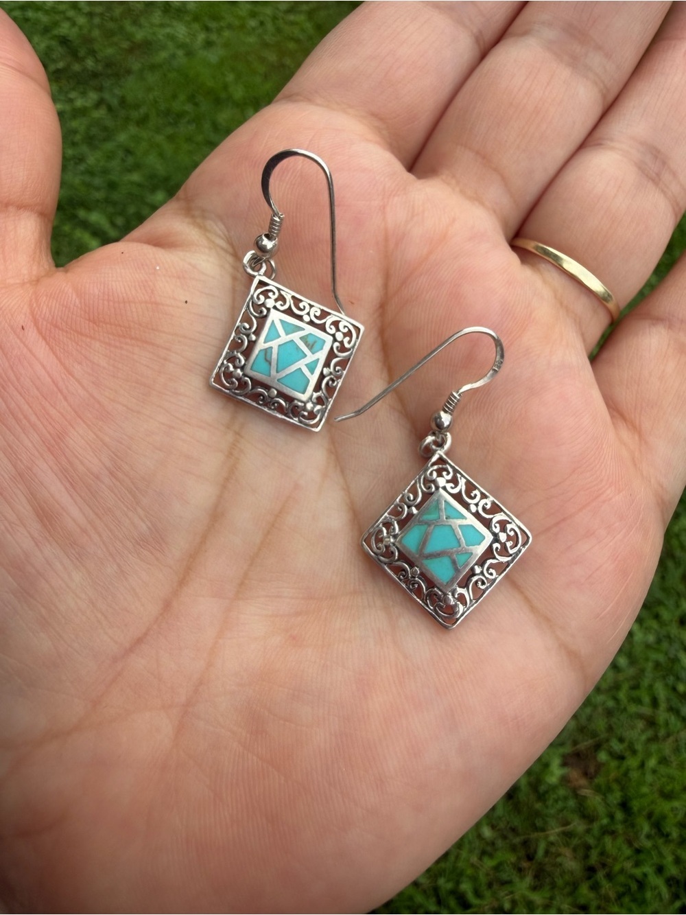 Vintage 925 Sterling Silver Dangle Whit Square Turquoise Earrings